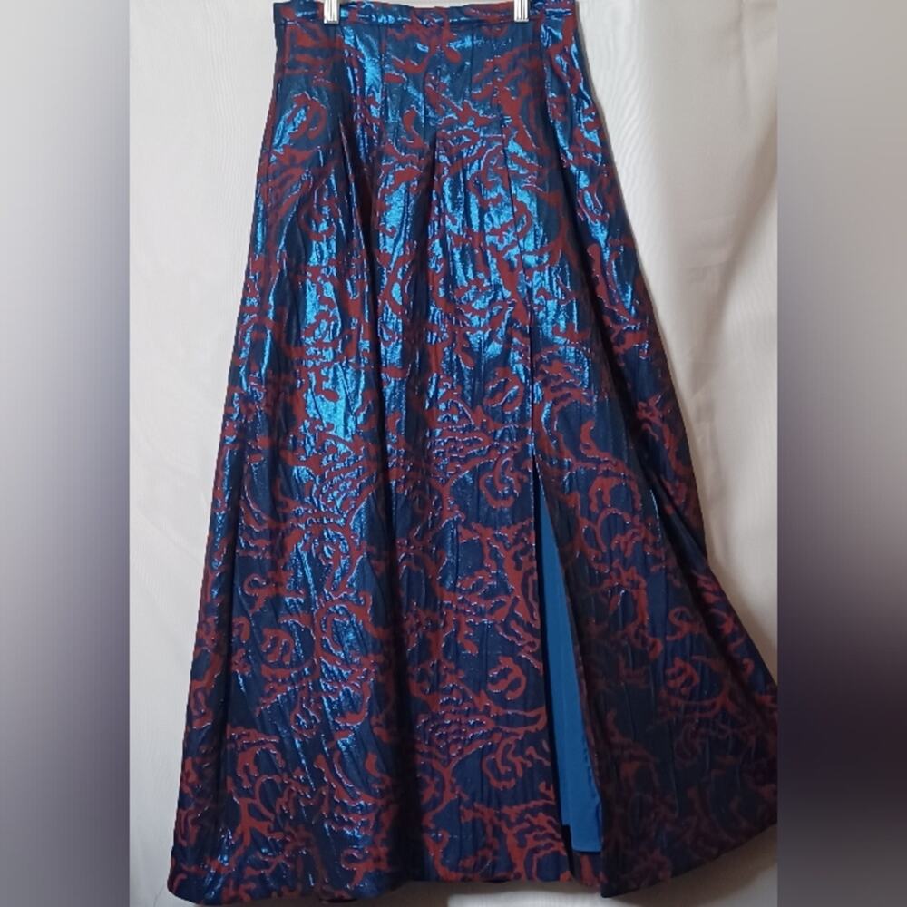 Maeve Anthropologie Red and Blue Metallic Pleated Maxi Skirt. Size 4